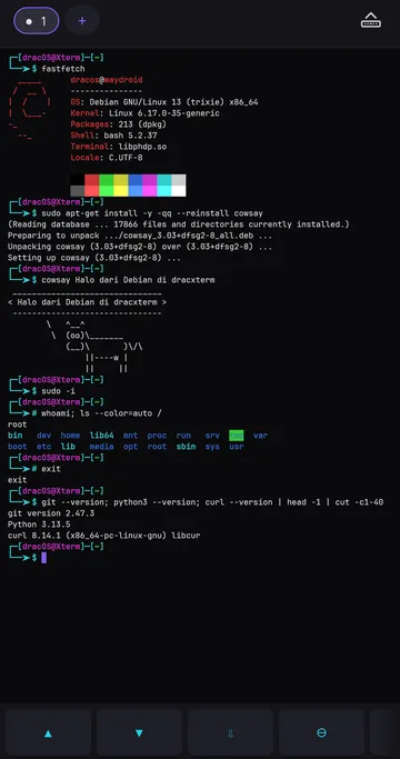 Debian 13 running fastfetch and apt commands inside dracxterm