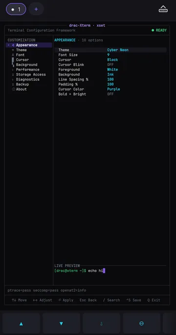 xset appearance page with theme, font and cursor settings
