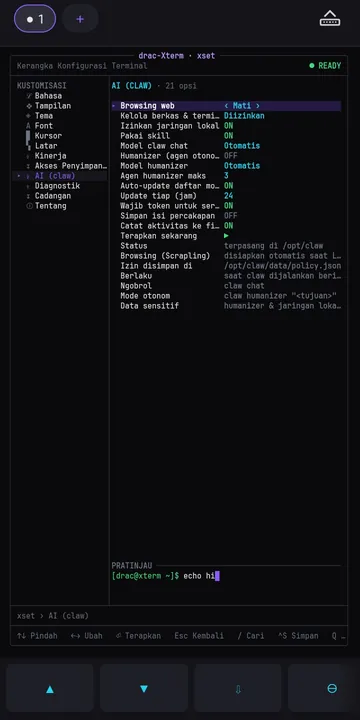 The AI (claw) page in xset, listing what claw is allowed to do
